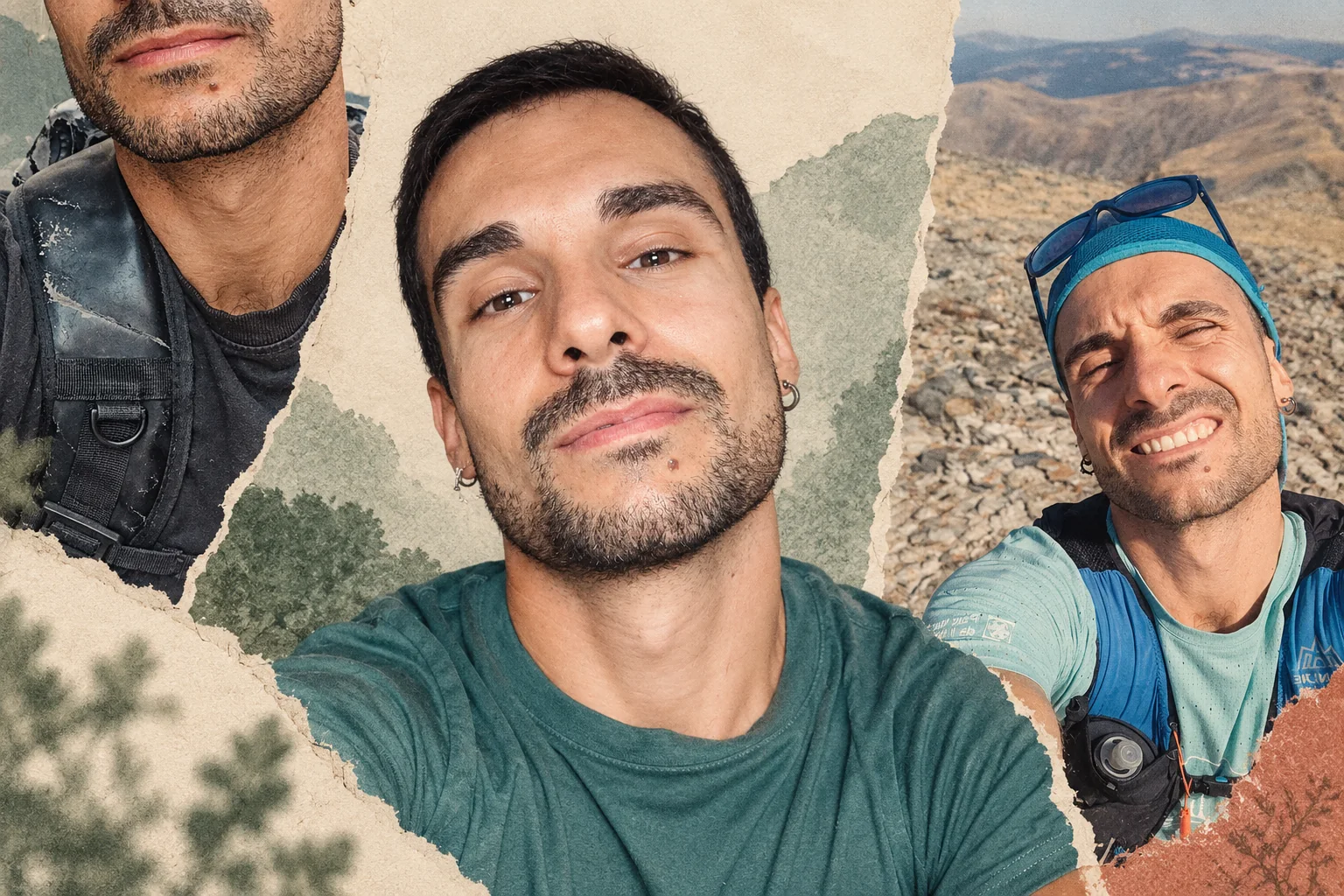 Collage de tres fotografies d’en Nil: un retrat, un detall de la motxilla i una excursió a la muntanya